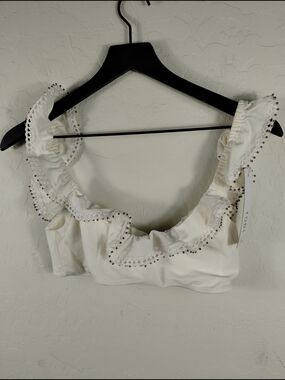 Tobi White Ruffled Beaded Trim Crop Camisole